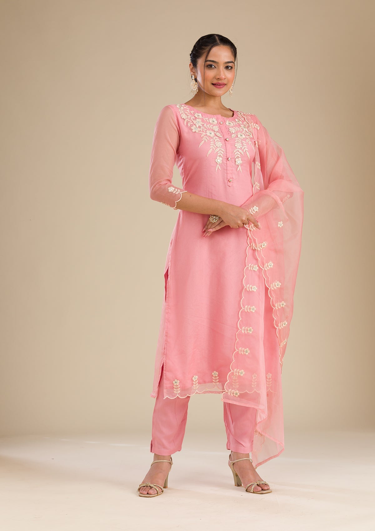 Peach Threadwork Chiffon Readymade Salwar Suit-Koskii