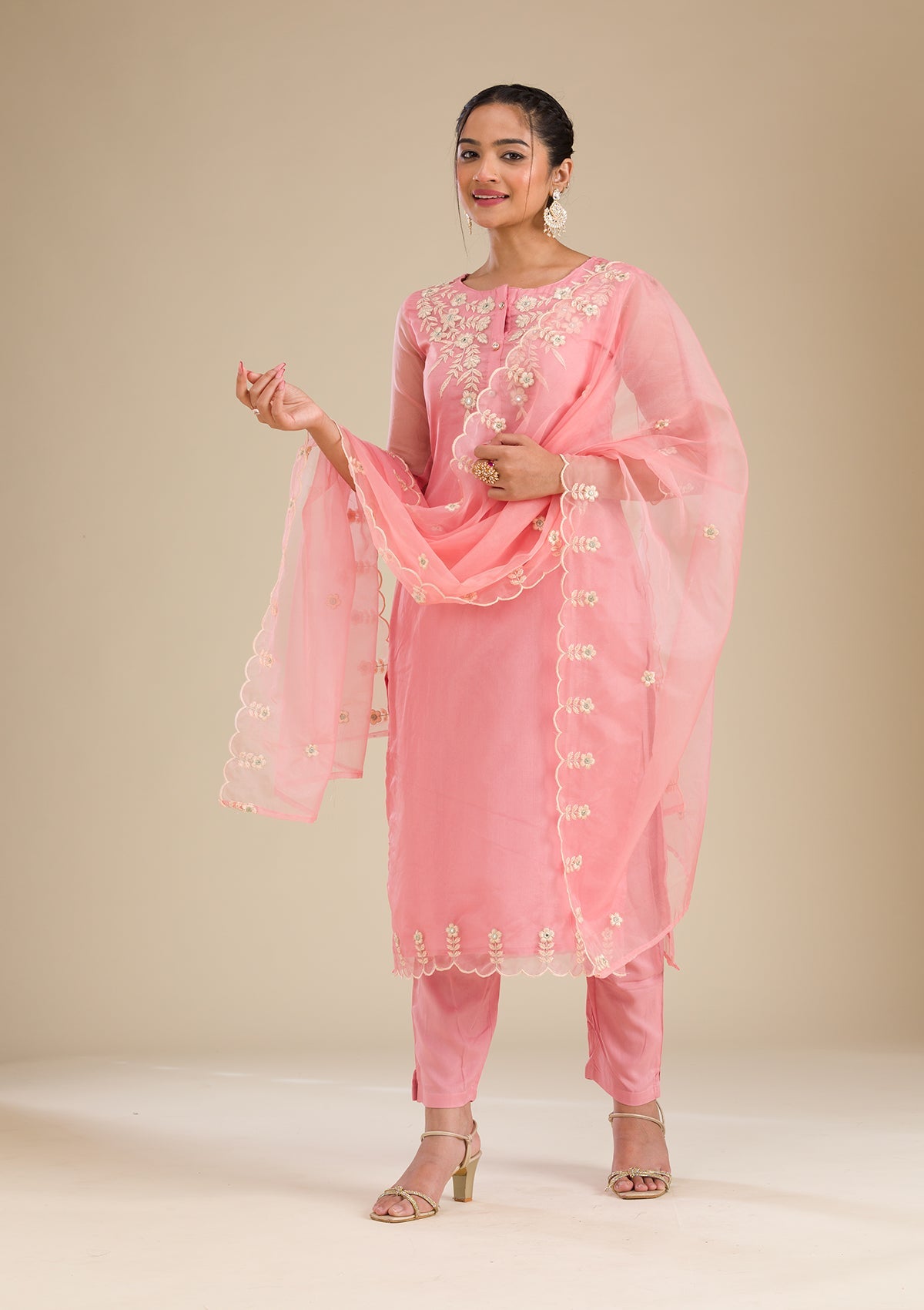 Peach Threadwork Chiffon Readymade Salwar Suit-Koskii