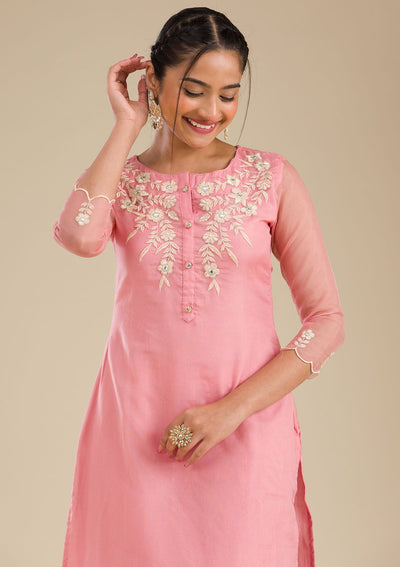 Peach Threadwork Chiffon Readymade Salwar Suit-Koskii