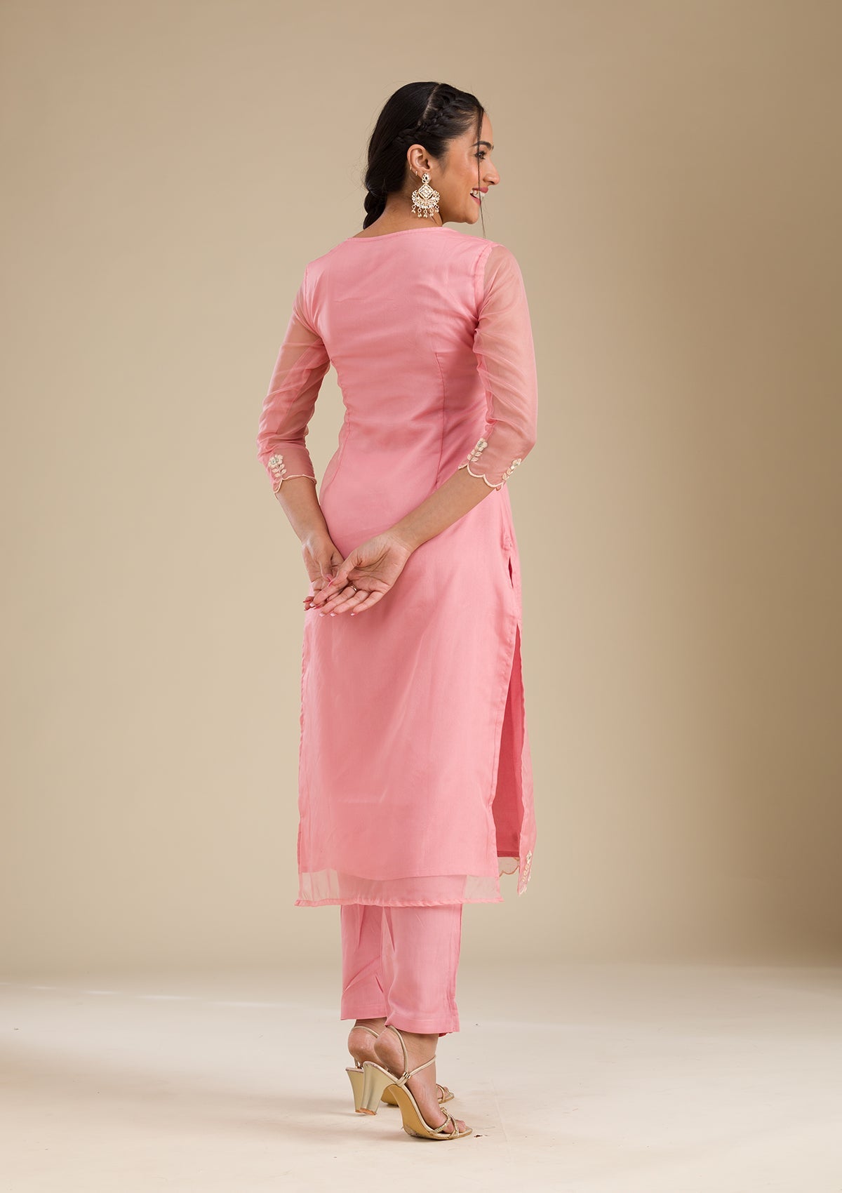 Peach Threadwork Chiffon Readymade Salwar Suit-Koskii