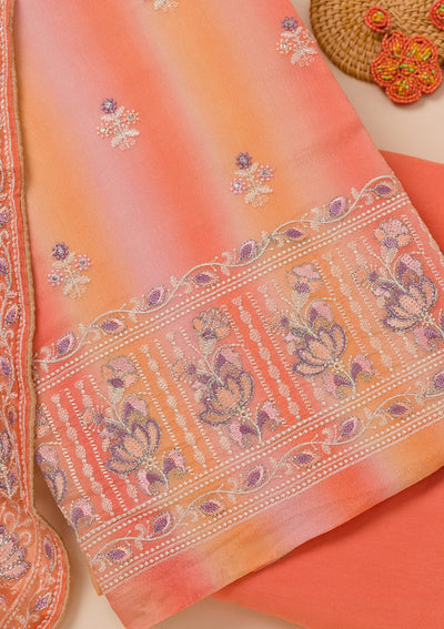 Peach Threadwork Chiffon Unstitched Salwar Suit-Koskii