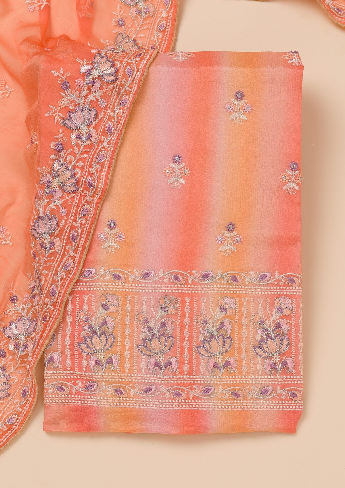 Peach Threadwork Chiffon Unstitched Salwar Suit-Koskii