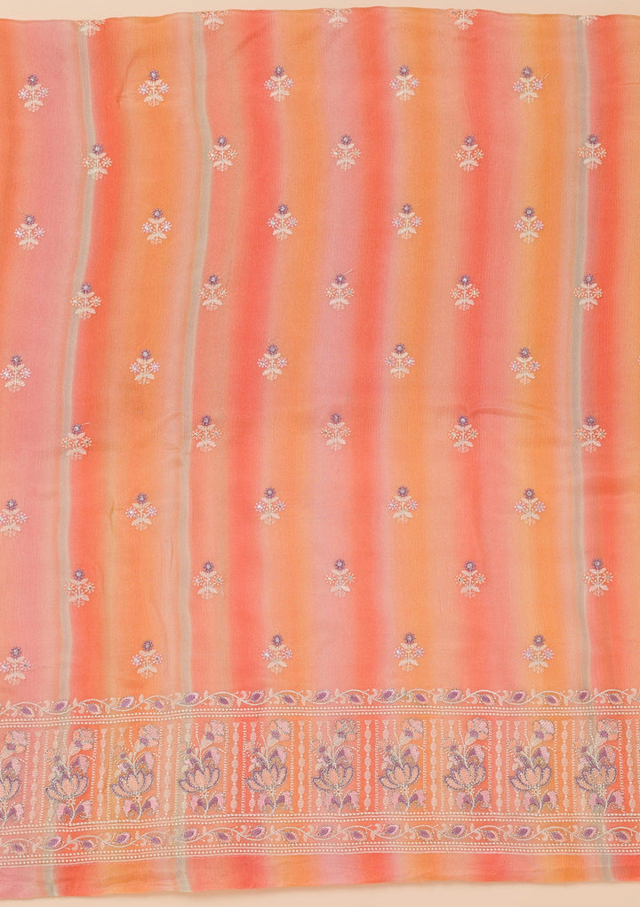 Peach Threadwork Chiffon Unstitched Salwar Suit-Koskii