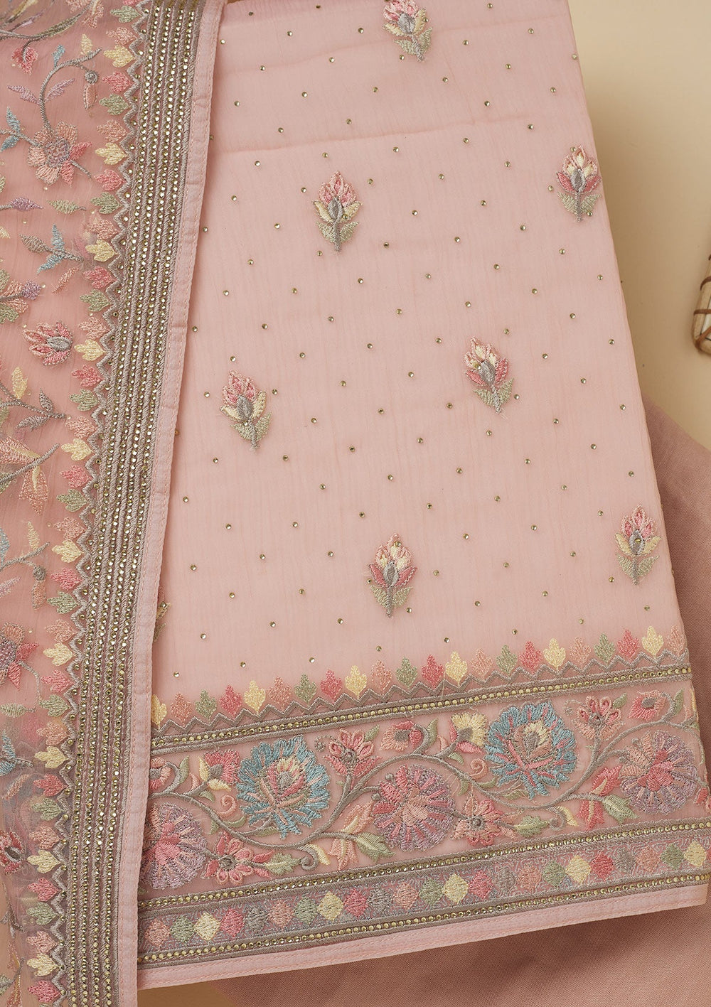 Peach Threadwork Chiffon Unstitched Salwar Suit-Koskii