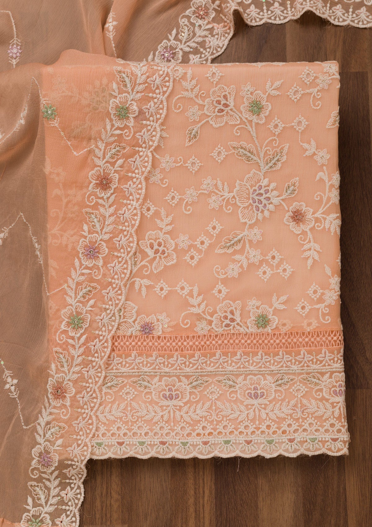 Peach Threadwork Chiffon Unstitched Salwar Suit-Koskii