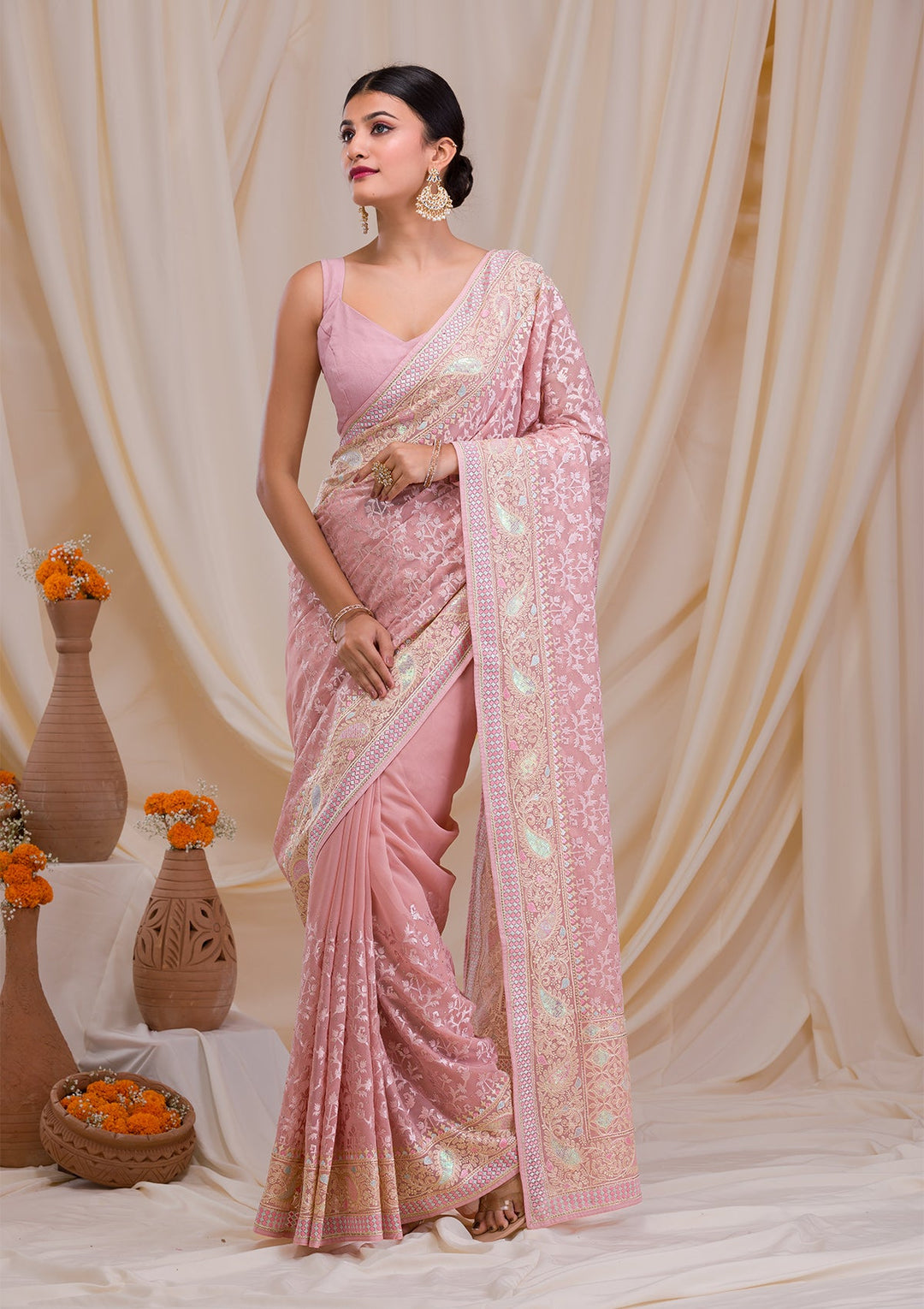 Peach Threadwork Chiffon Saree-Koskii