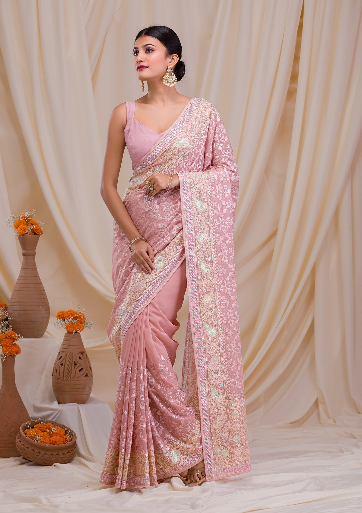 Peach Threadwork Chiffon Saree-Koskii