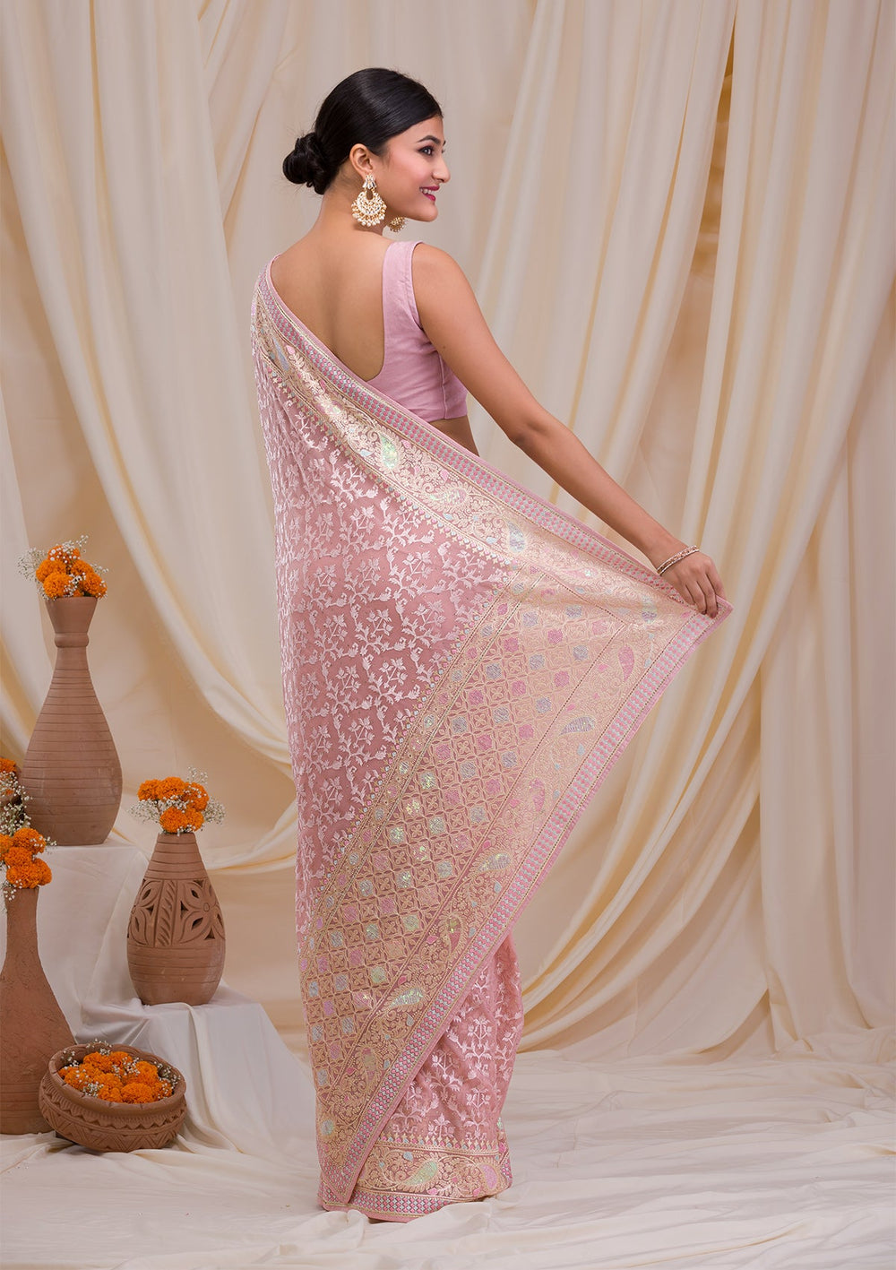 Peach Threadwork Chiffon Saree-Koskii