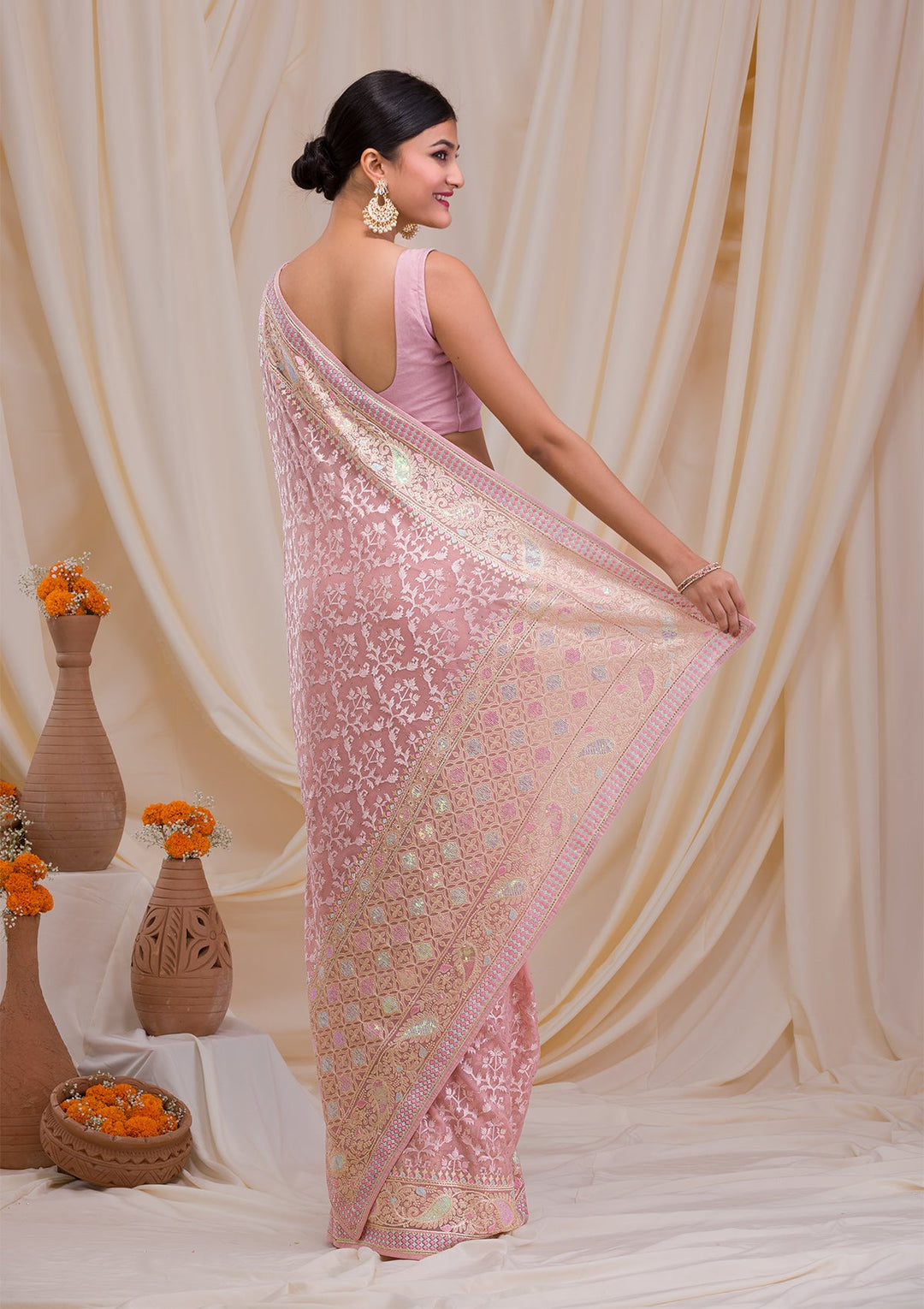 Peach Threadwork Chiffon Saree-Koskii