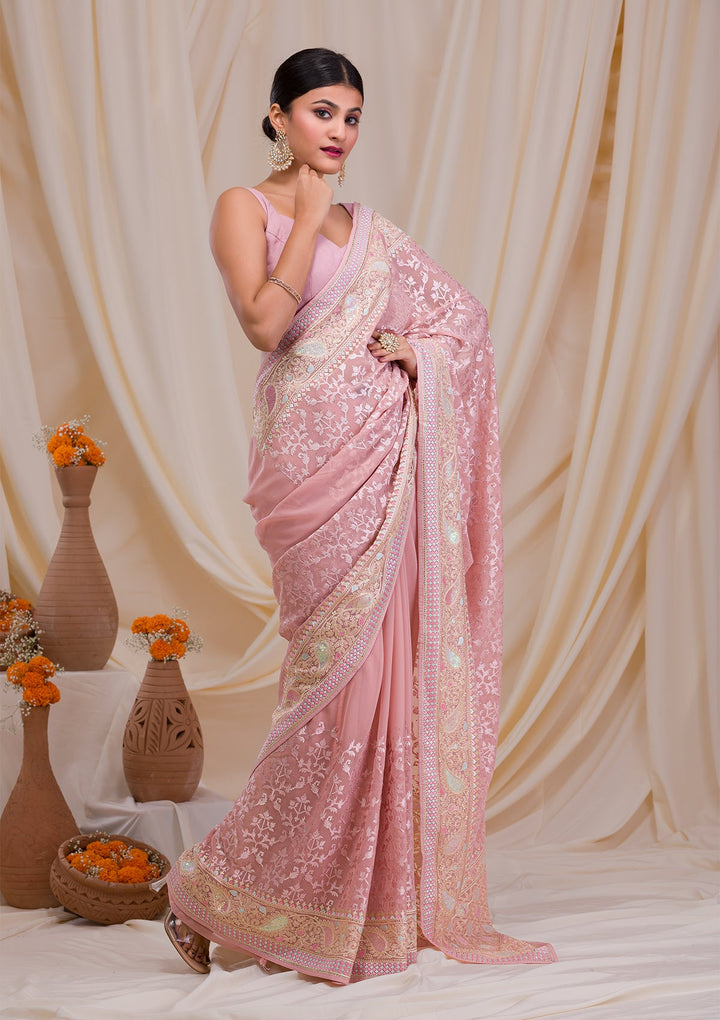 Peach Threadwork Chiffon Saree-Koskii