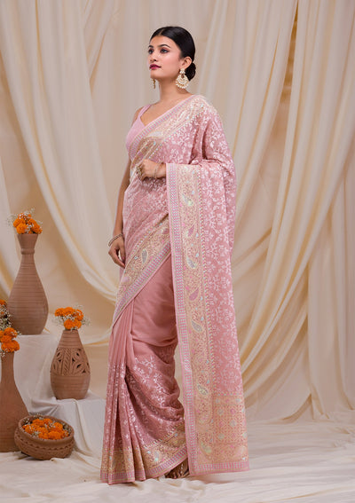 Peach Threadwork Chiffon Saree-Koskii