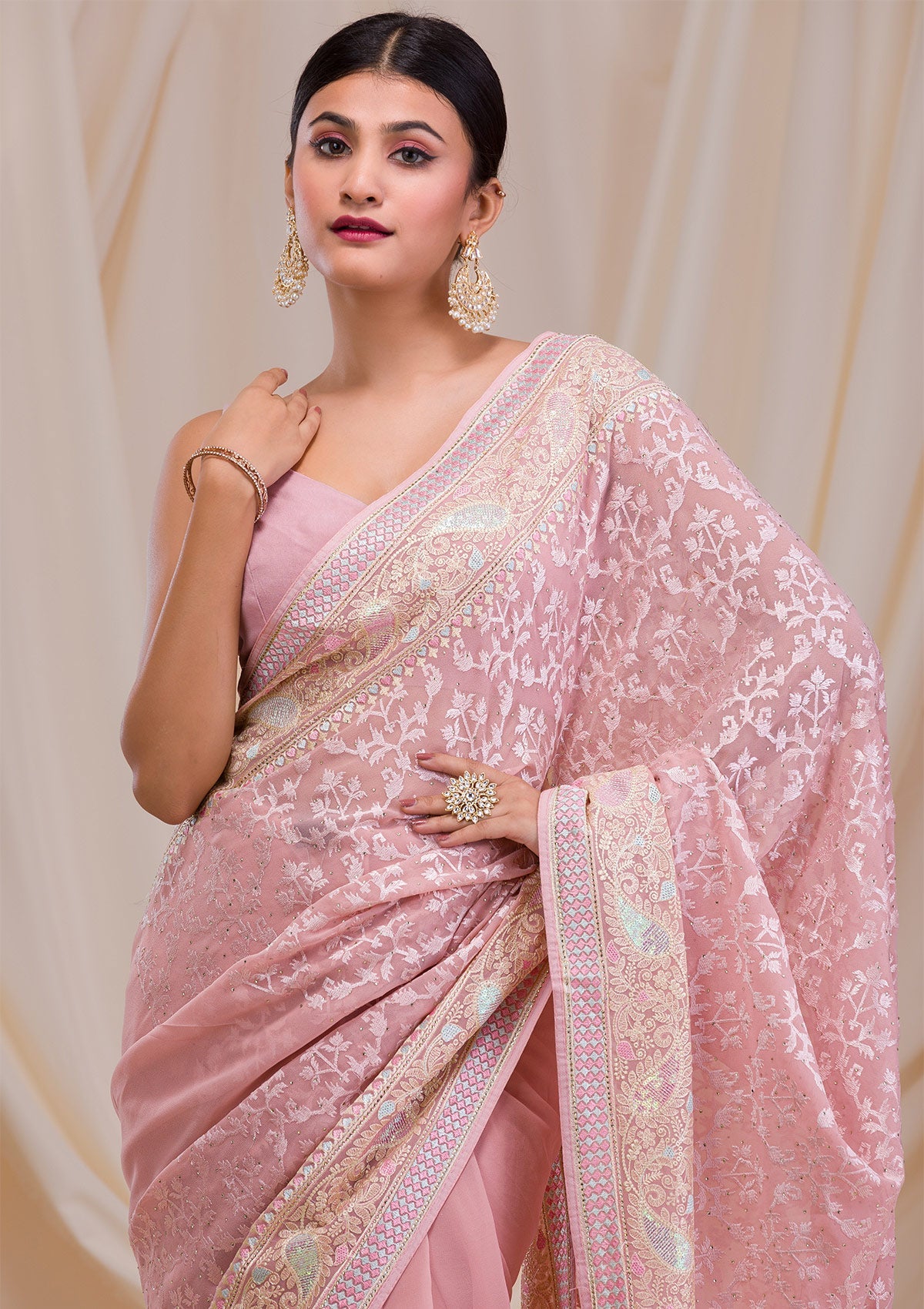 Peach Threadwork Chiffon Saree-Koskii