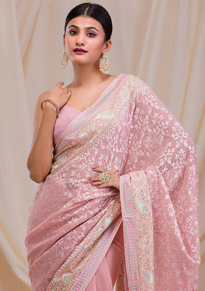 Peach Threadwork Chiffon Saree-Koskii