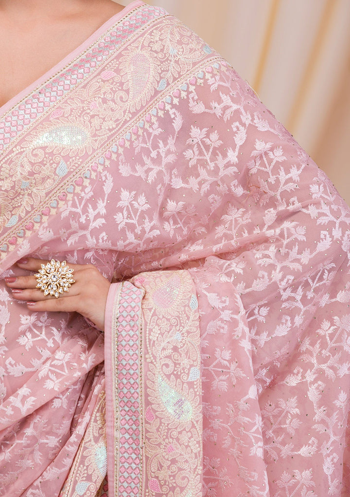 Peach Threadwork Chiffon Saree-Koskii