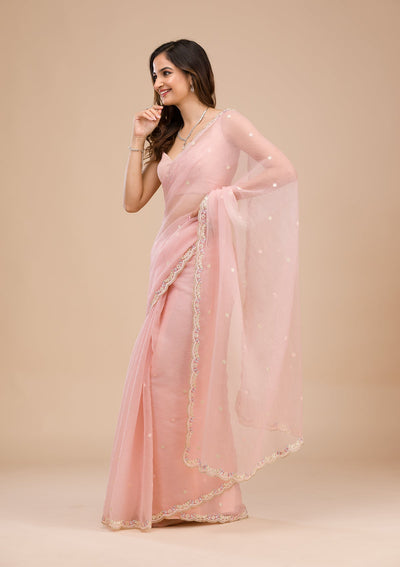 Peach Threadwork Chiffon Saree-Koskii