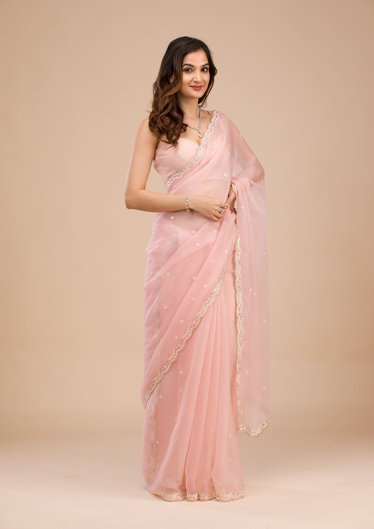 Peach Threadwork Chiffon Saree-Koskii