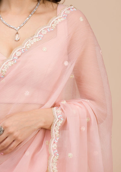 Peach Threadwork Chiffon Saree-Koskii