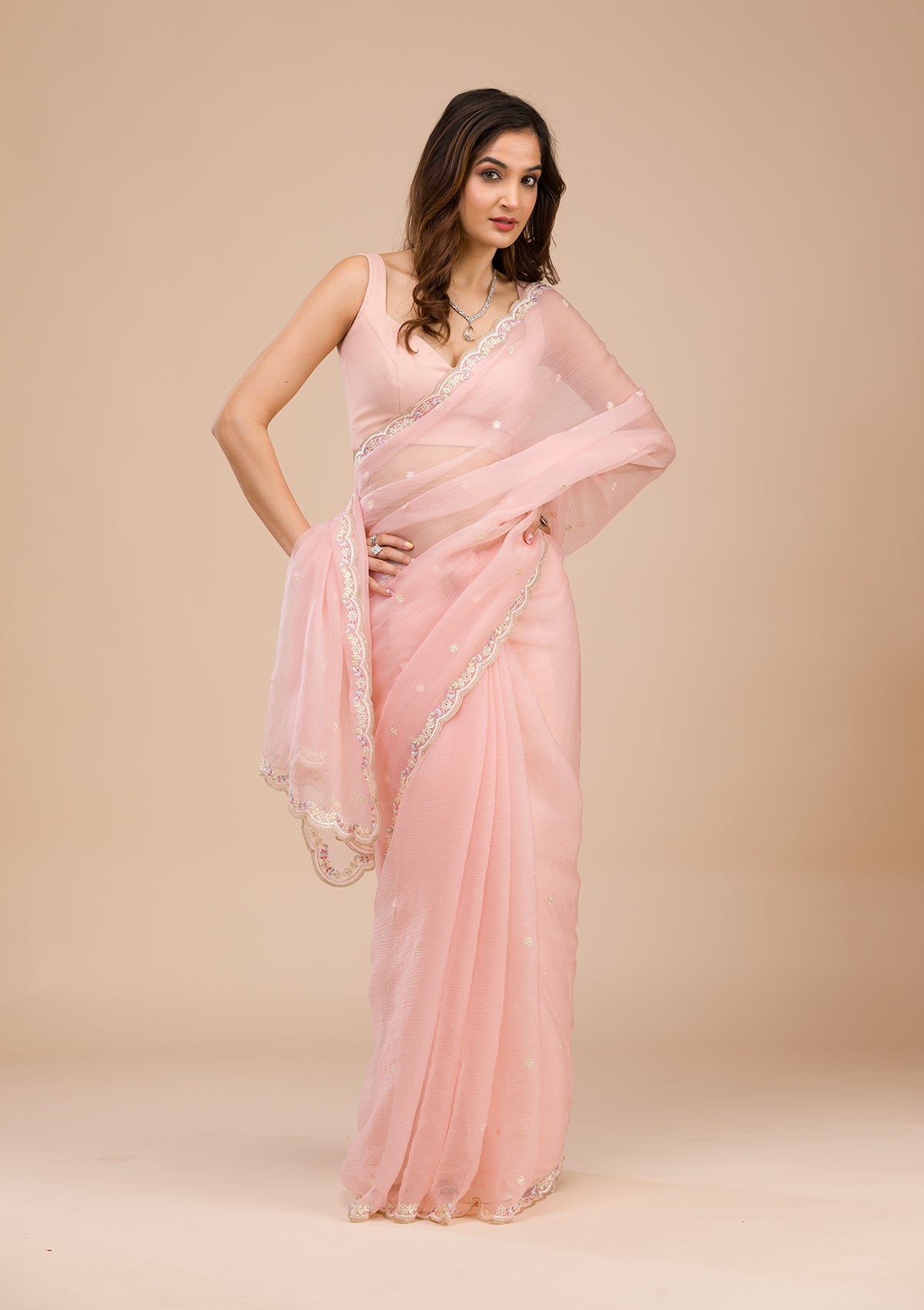 Peach Threadwork Chiffon Saree-Koskii