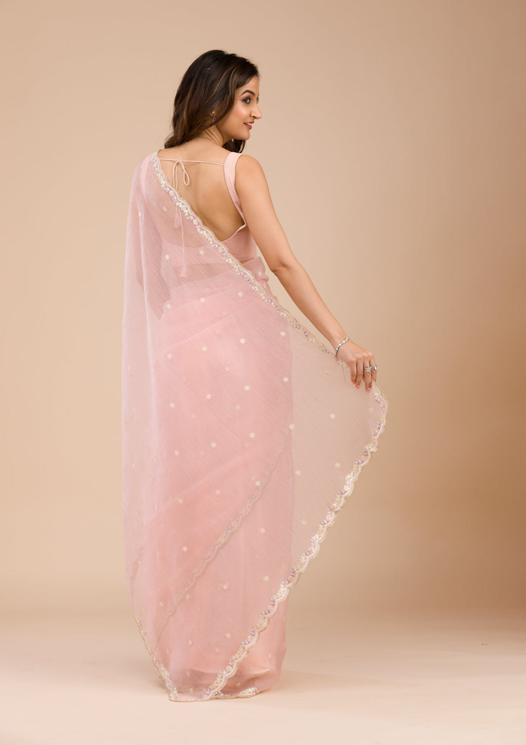 Buy Peach Threadwork Chiffon Saree - Koskii