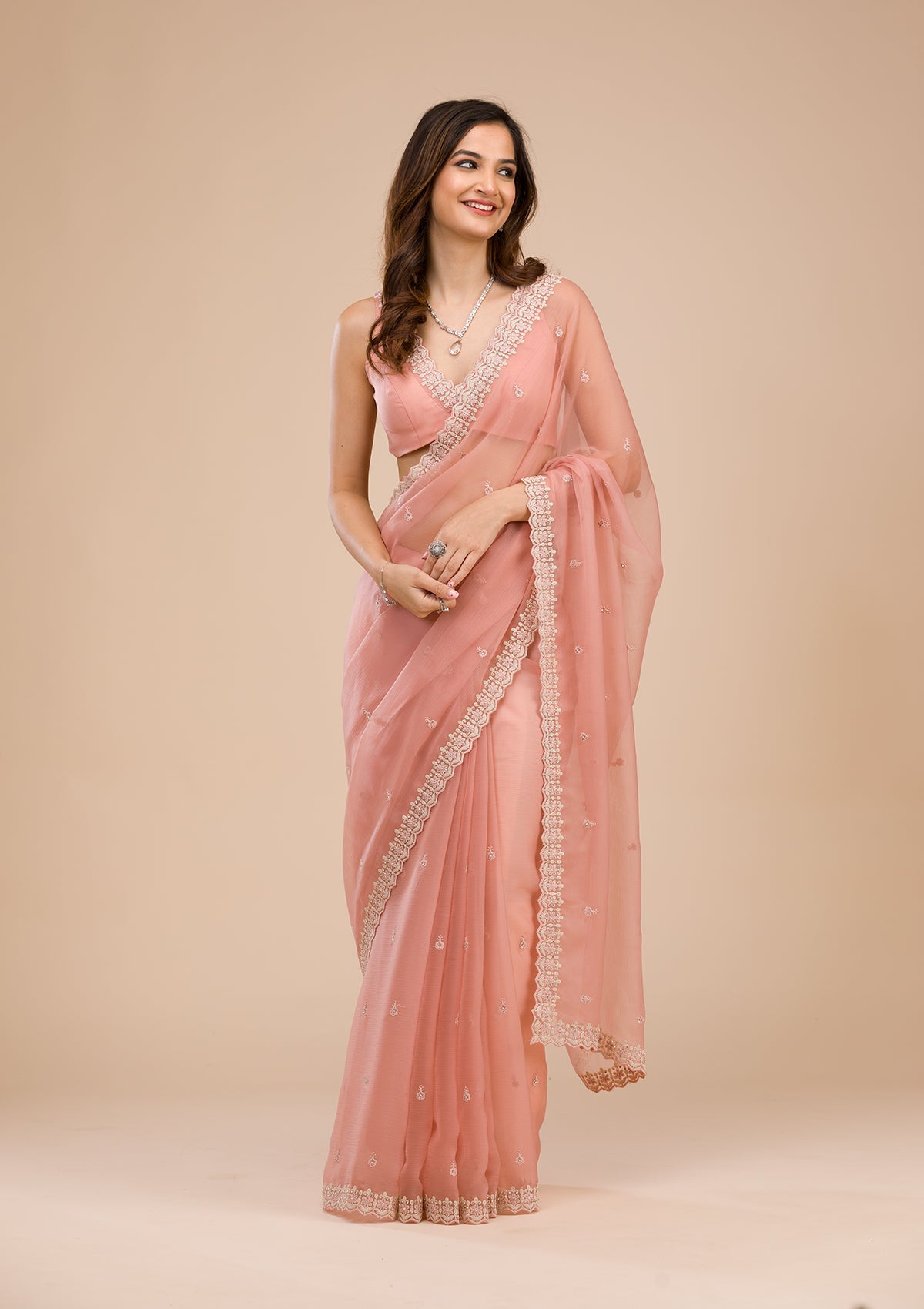 Peach Threadwork Chiffon Saree-Koskii