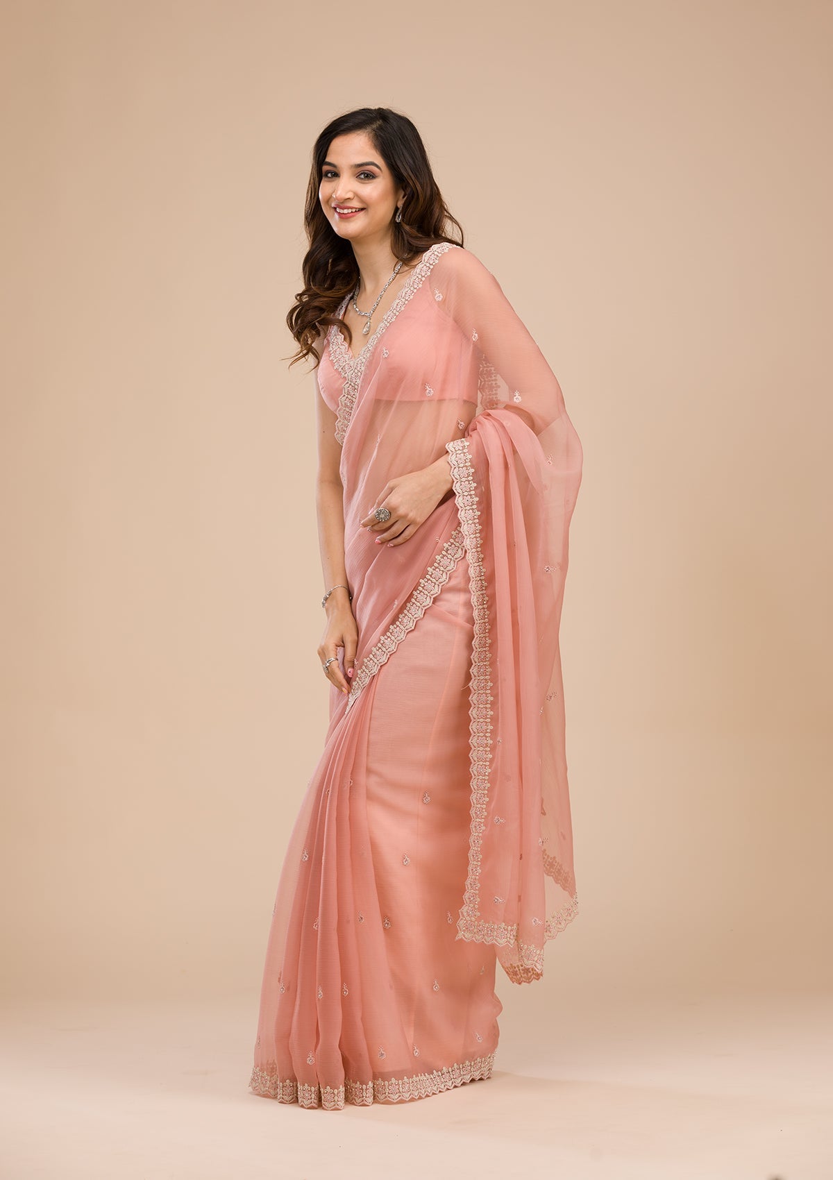 Peach Threadwork Chiffon Saree-Koskii