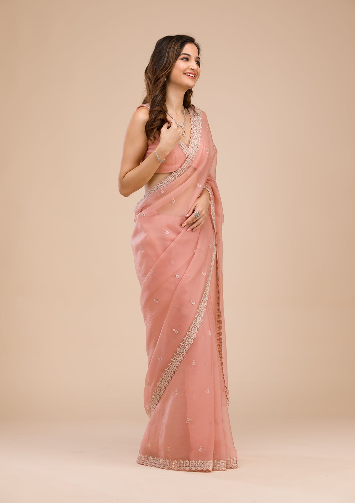 Peach Threadwork Chiffon Saree-Koskii