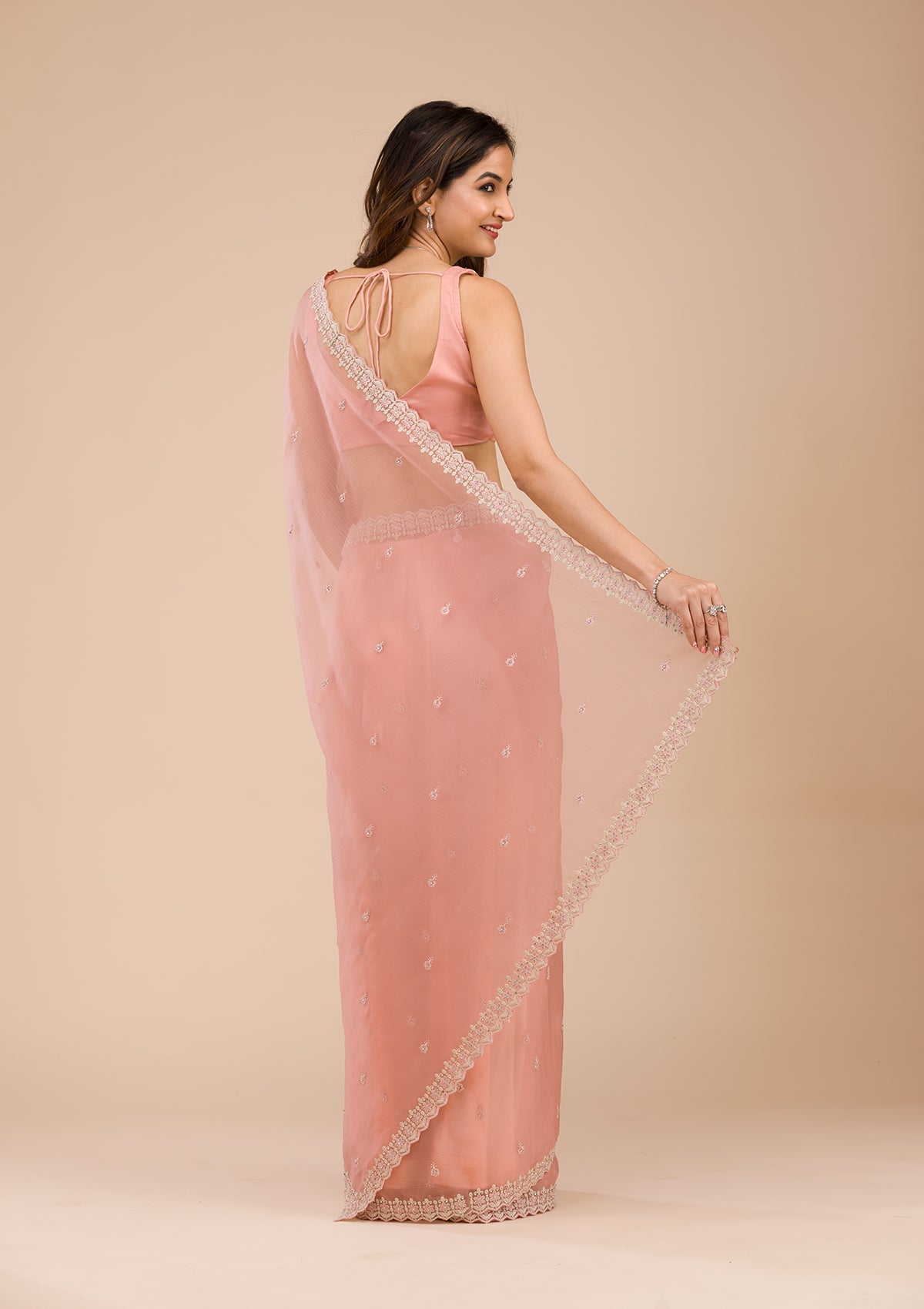 Peach Threadwork Chiffon Saree-Koskii