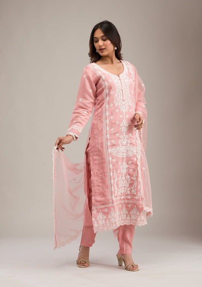 Peach Threadwork Cotton Readymade Salwar Suit-Koskii