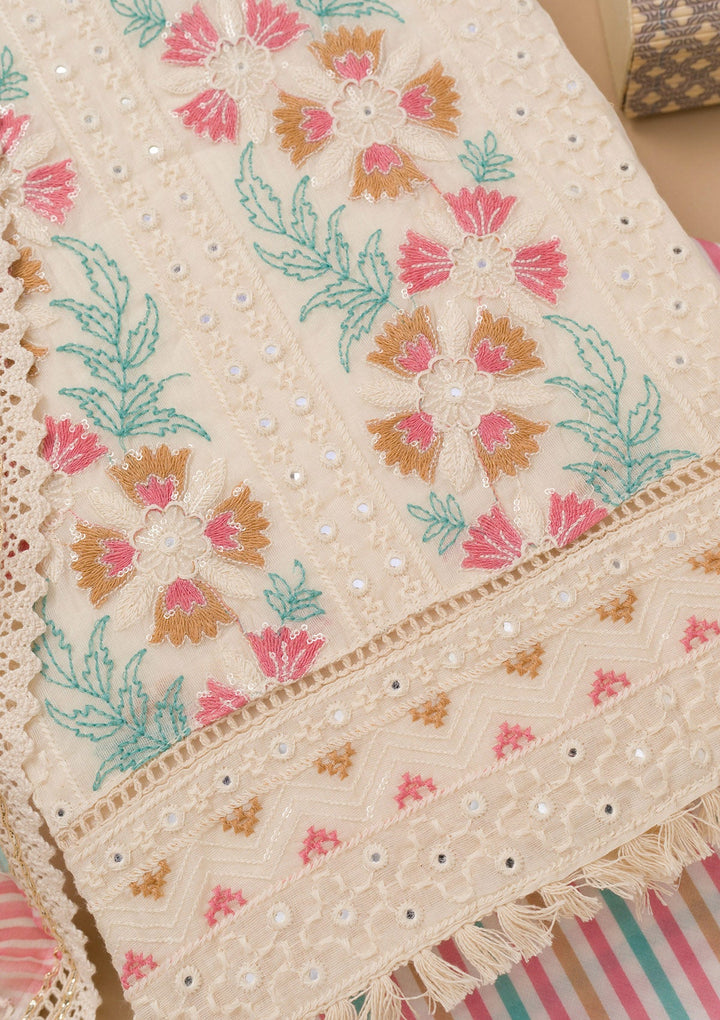 Peach Threadwork Cotton Unstitched Salwar Kameez-Koskii