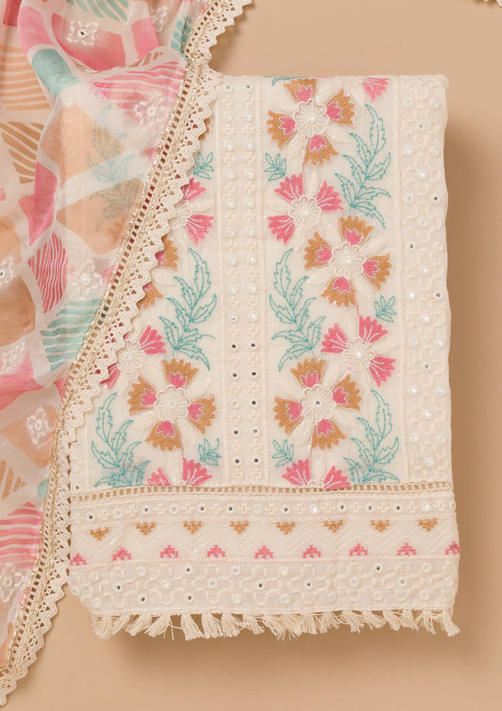 Peach Threadwork Cotton Unstitched Salwar Kameez-Koskii