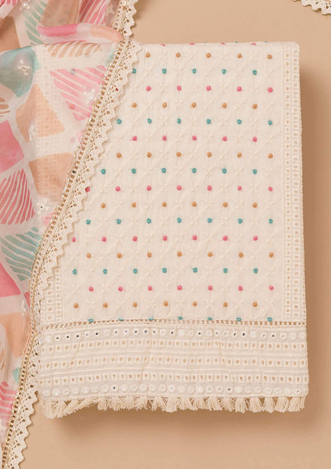Peach Threadwork Cotton Unstitched Salwar Kameez-Koskii