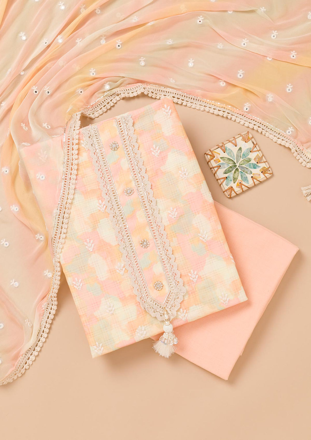 Peach Threadwork Cotton Unstitched Salwar Suit