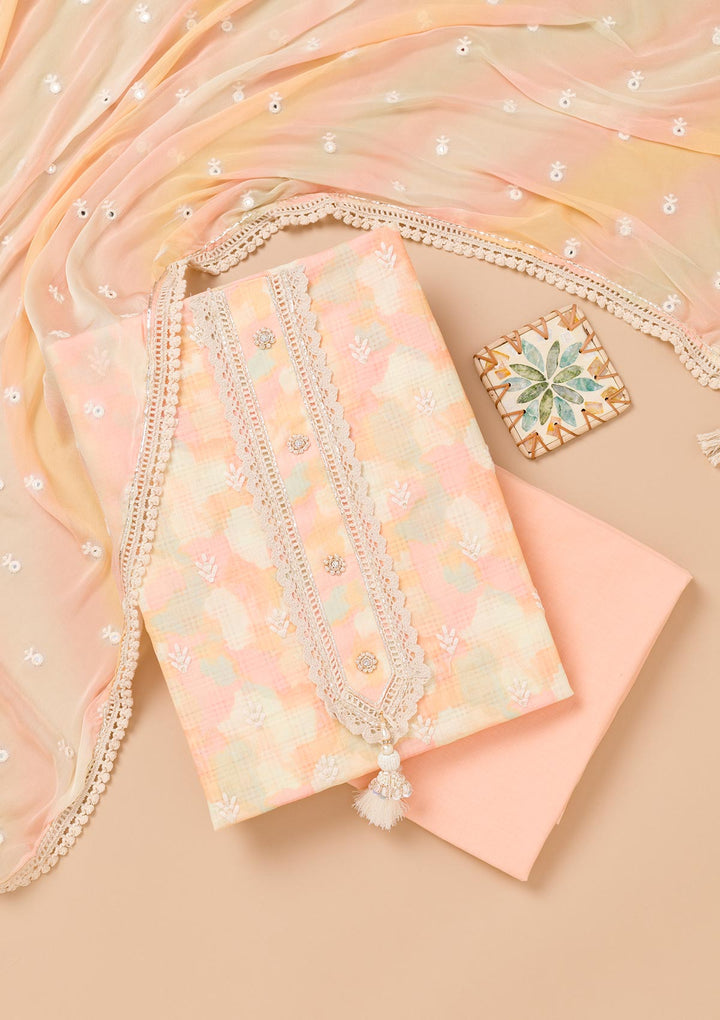 Peach Threadwork Cotton Unstitched Salwar Suit