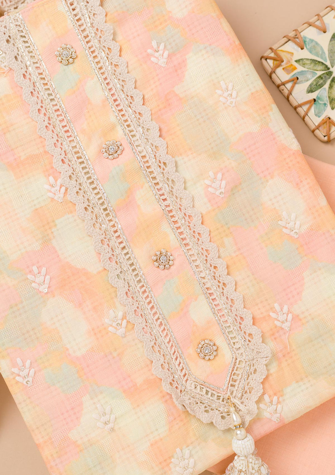 Peach Threadwork Cotton Unstitched Salwar Suit