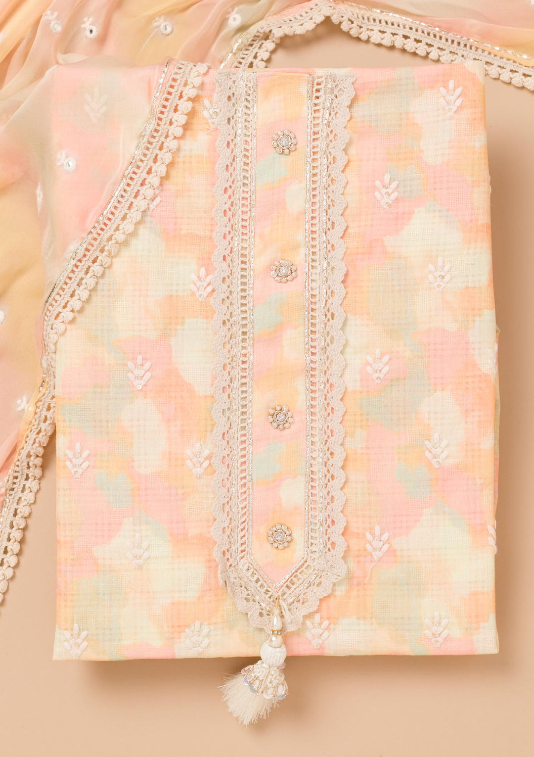 Peach Threadwork Cotton Unstitched Salwar Suit