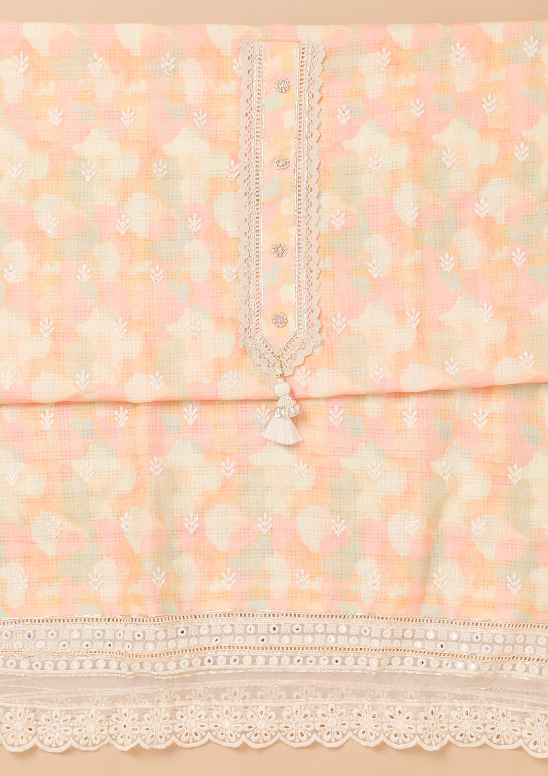 Peach Threadwork Cotton Unstitched Salwar Suit