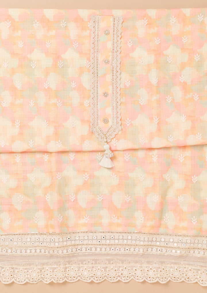 Peach Threadwork Cotton Unstitched Salwar Suit