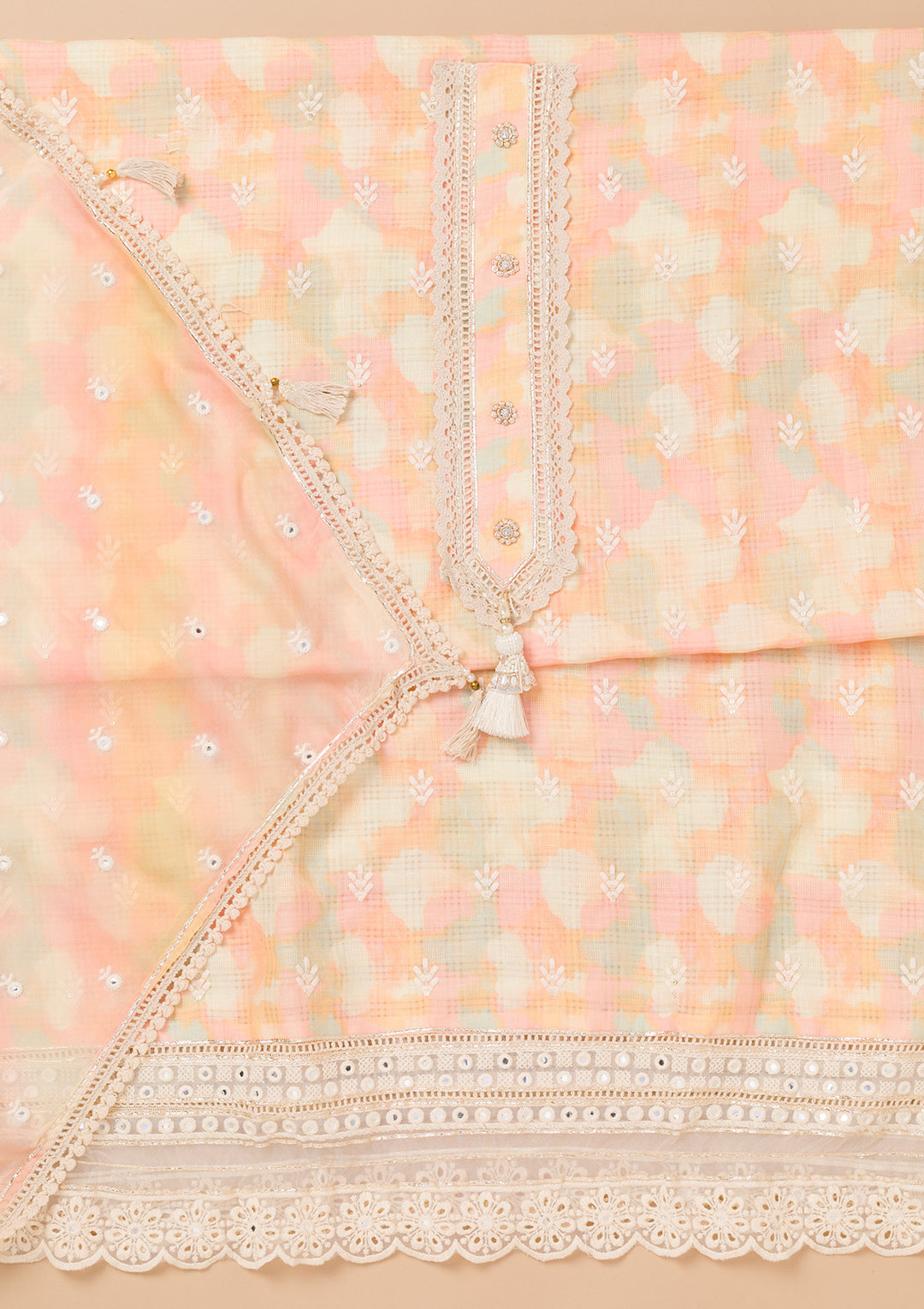 Peach Threadwork Cotton Unstitched Salwar Suit