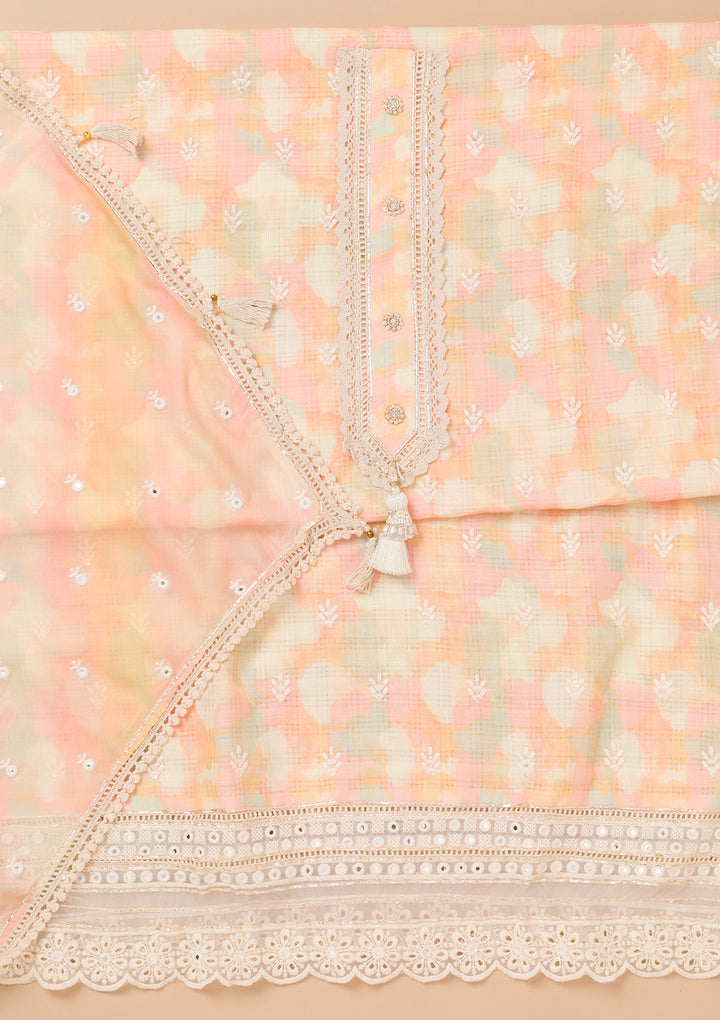 Peach Threadwork Cotton Unstitched Salwar Suit