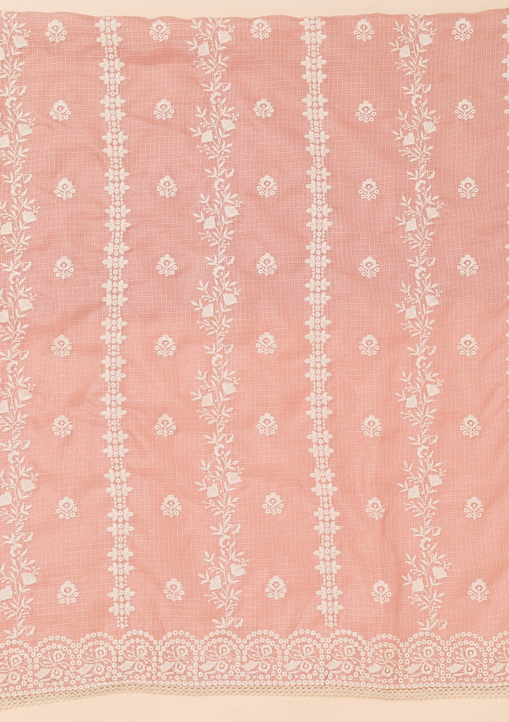 Peach Threadwork Cotton Blend Unstitched Salwar Suit-Koskii