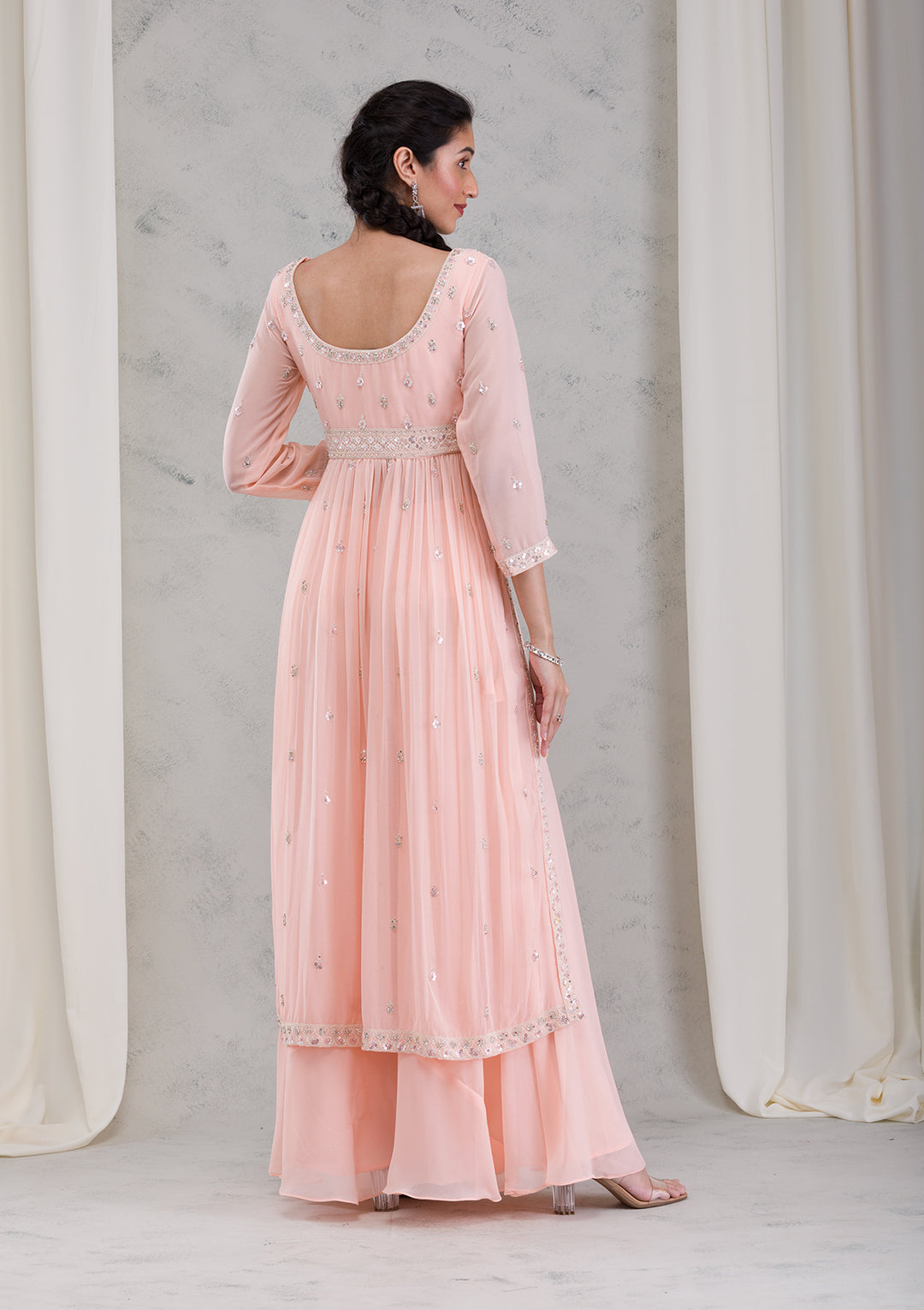 Peach Threadwork Georgette Readymade Salwar Kameez