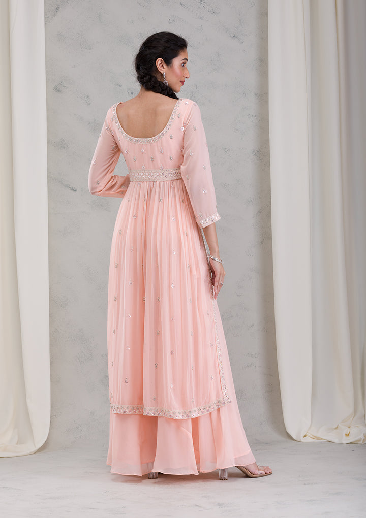 Peach Threadwork Georgette Readymade Salwar Kameez