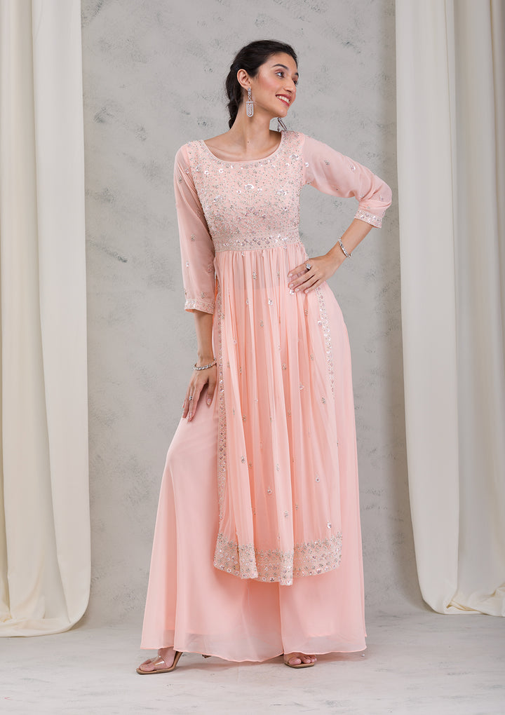 Peach Threadwork Georgette Readymade Salwar Kameez