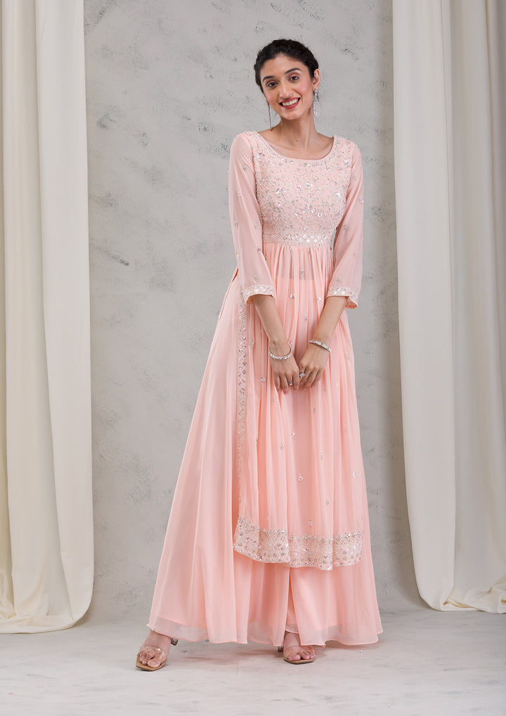 Peach Threadwork Georgette Readymade Salwar Kameez