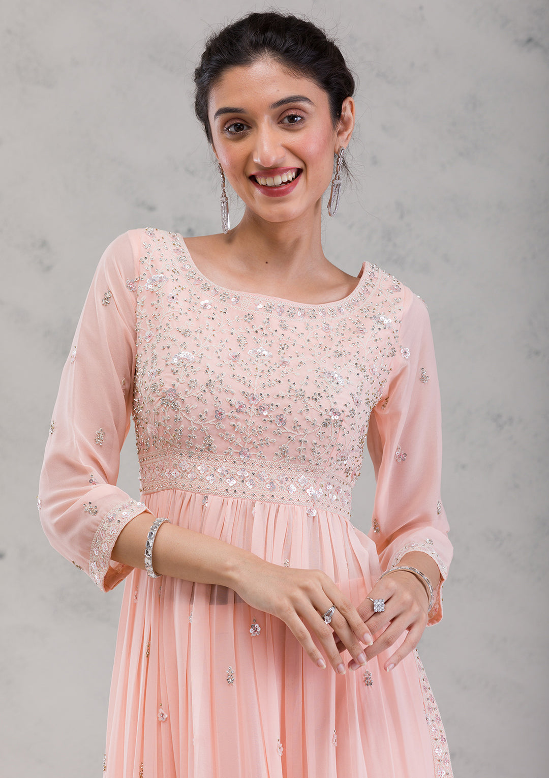 Peach Threadwork Georgette Readymade Salwar Kameez