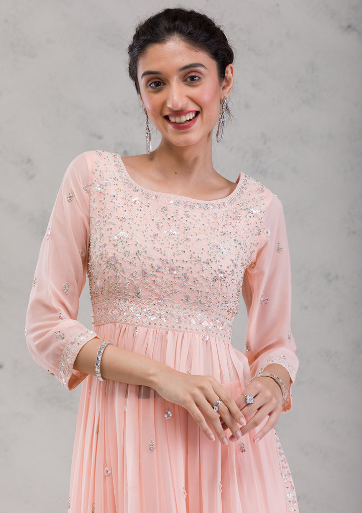 Peach Threadwork Georgette Readymade Salwar Kameez