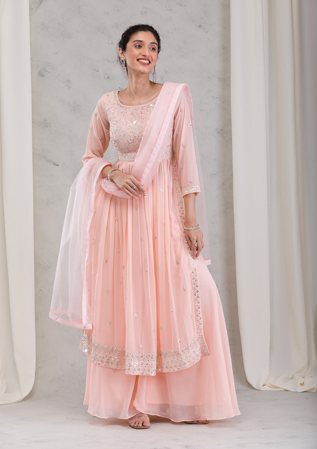 Peach Threadwork Georgette Readymade Salwar Kameez