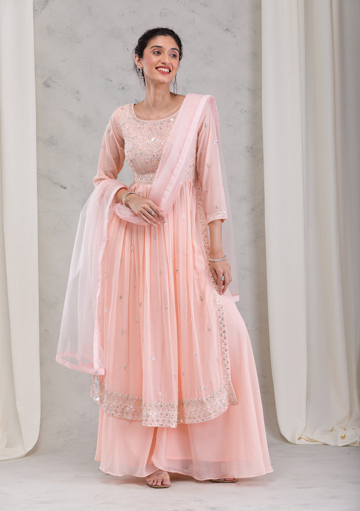 Peach Threadwork Georgette Readymade Salwar Kameez