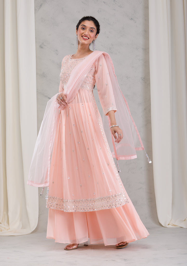 Peach Threadwork Georgette Readymade Salwar Kameez