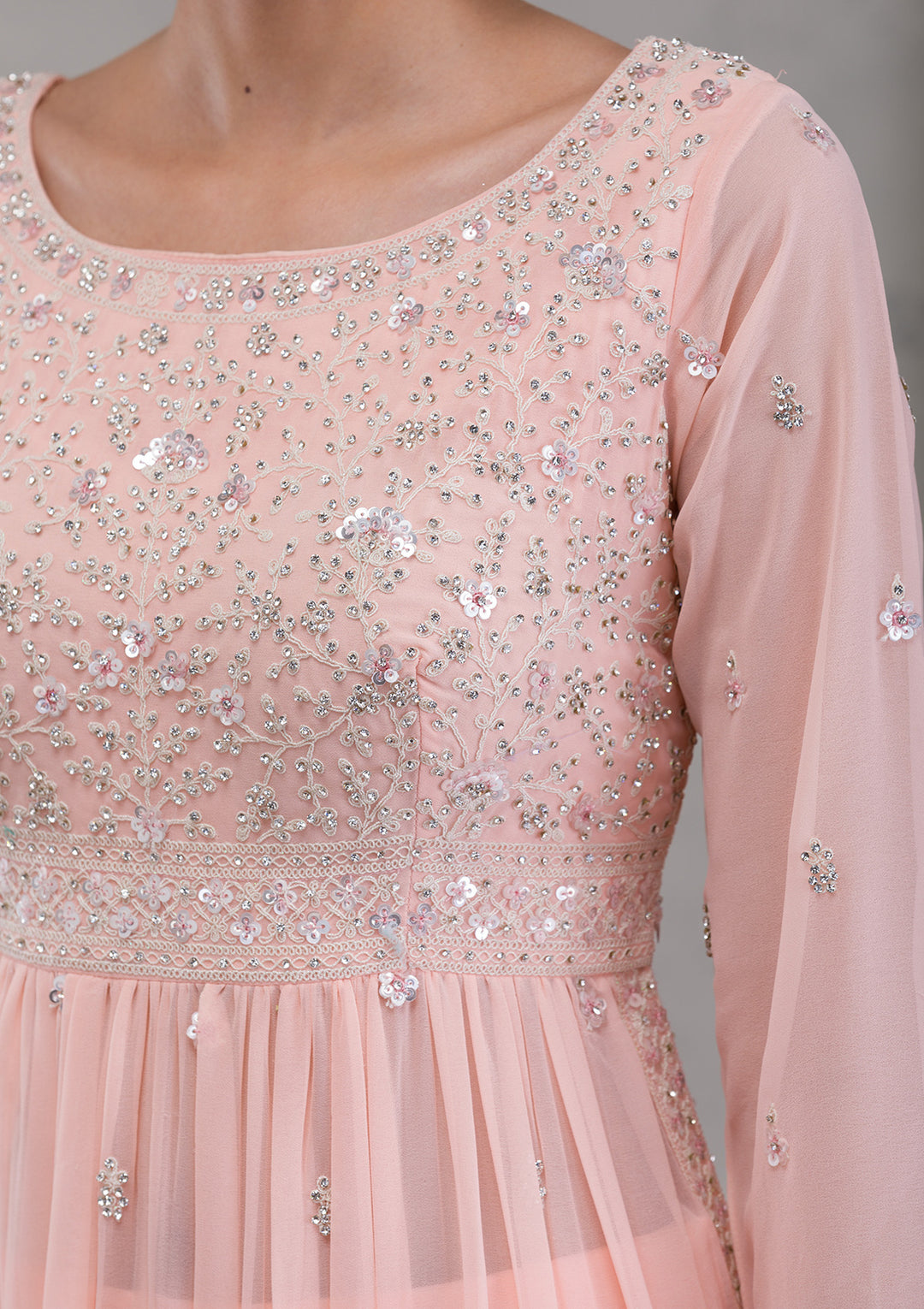 Peach Threadwork Georgette Readymade Salwar Kameez